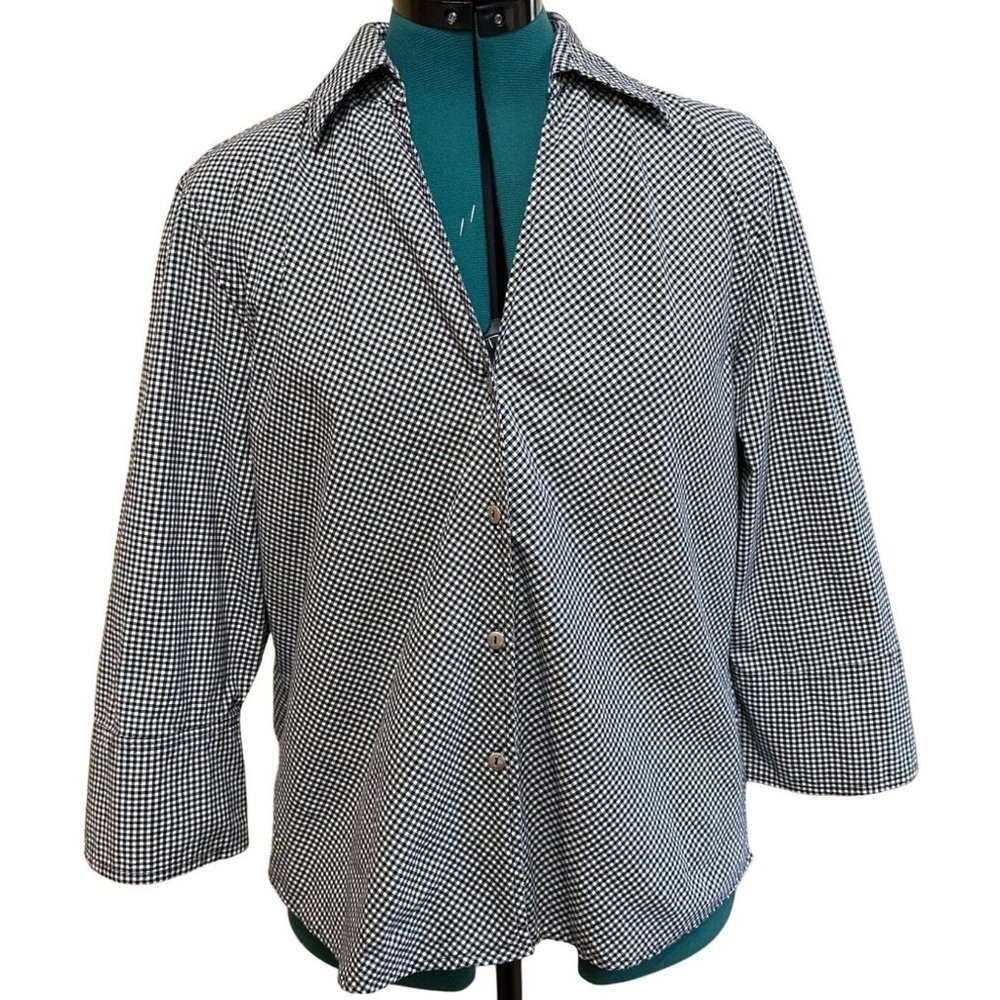 Edward Brand Gingham V-Neck Blouse Black & White Cotton Blend Women's Size Large